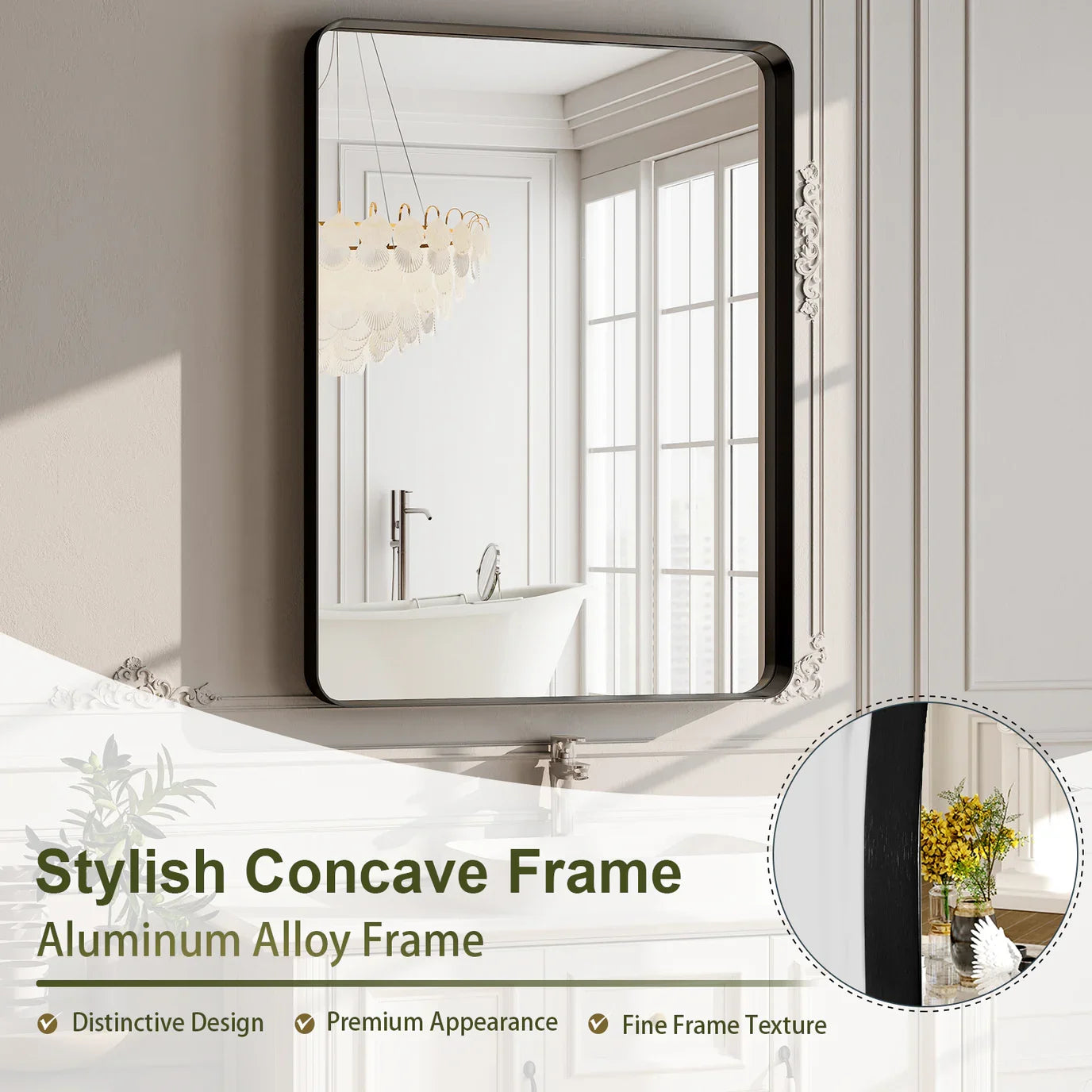 Rectangular Rounded Corners Aluminum Alloy Deep Framed Mirror Wall Mirror