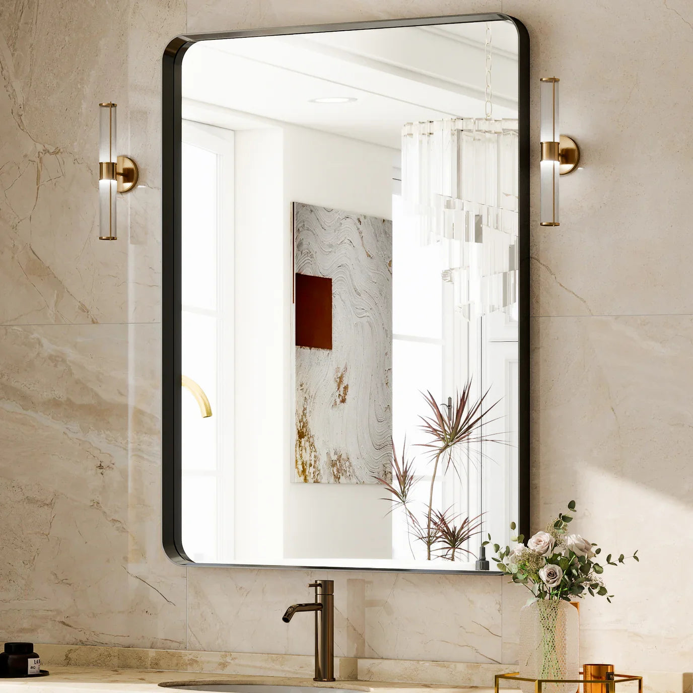 Rectangular Rounded Corners Aluminum Alloy Deep Framed Mirror Wall Mirror