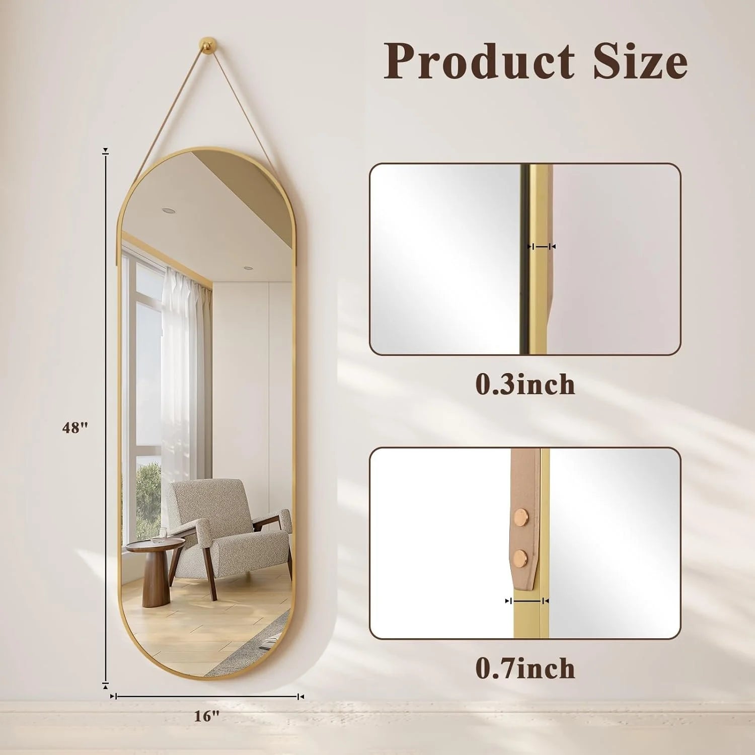 Oval Hanging Mirror with Leather Strap Full Length Mirror - 48"L x 16"W