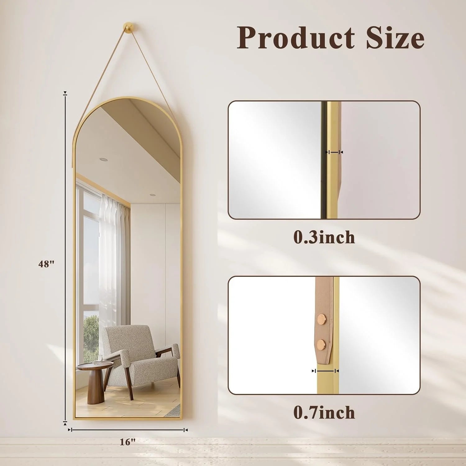 Arched Hanging Mirror with Leather Strap-48"L x 16"W