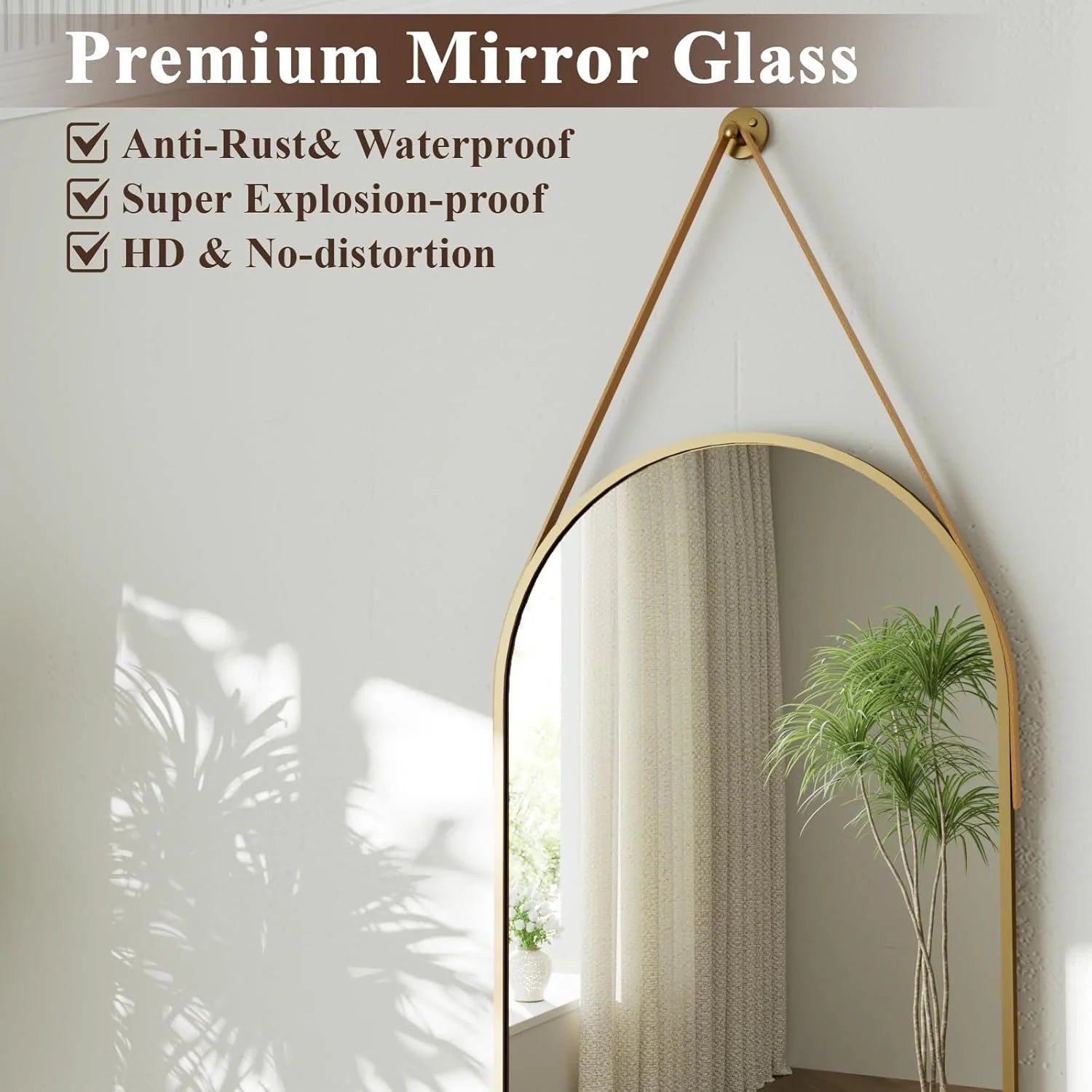 Arched Hanging Mirror with Leather Strap-48"L x 16"W