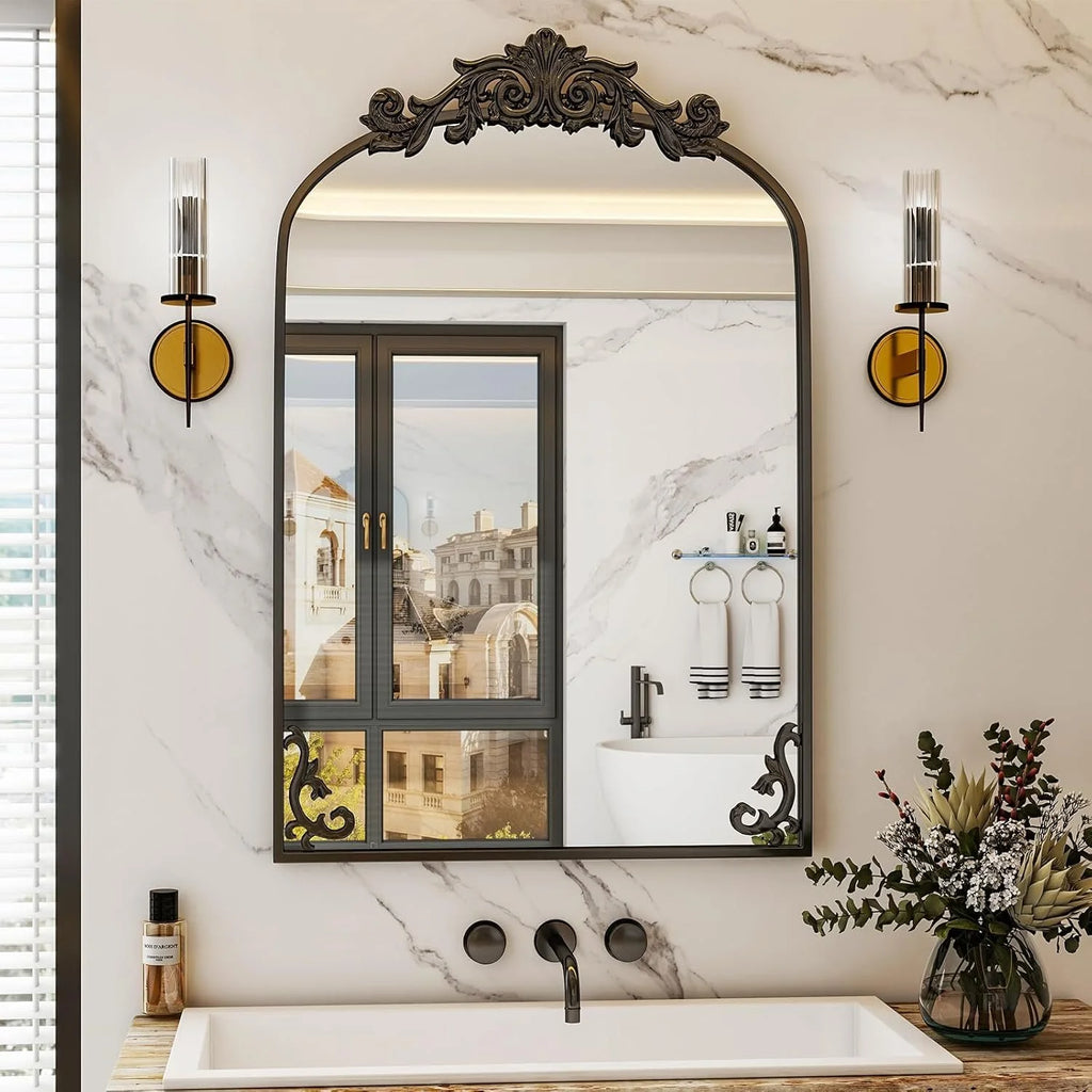 Antique Art Carved Arched Wall Mirror