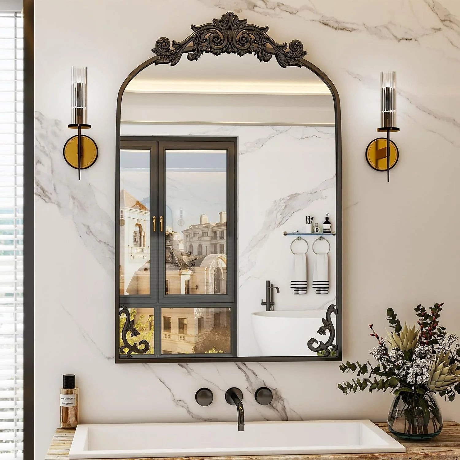 Antique Art Carved Arched Wall Mirror