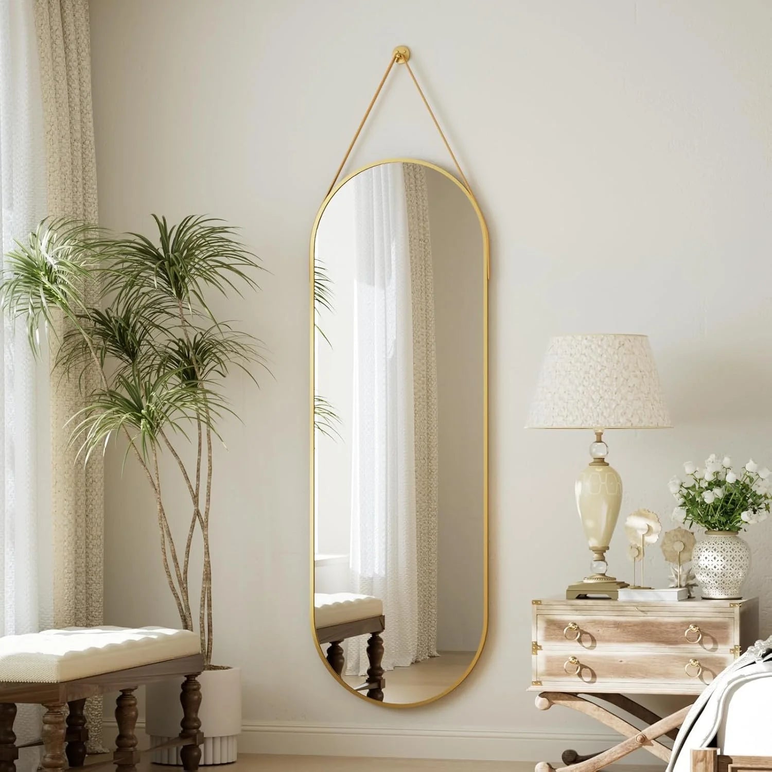 Oval Hanging Mirror with Leather Strap Full Length Mirror - 48"L x 16"W