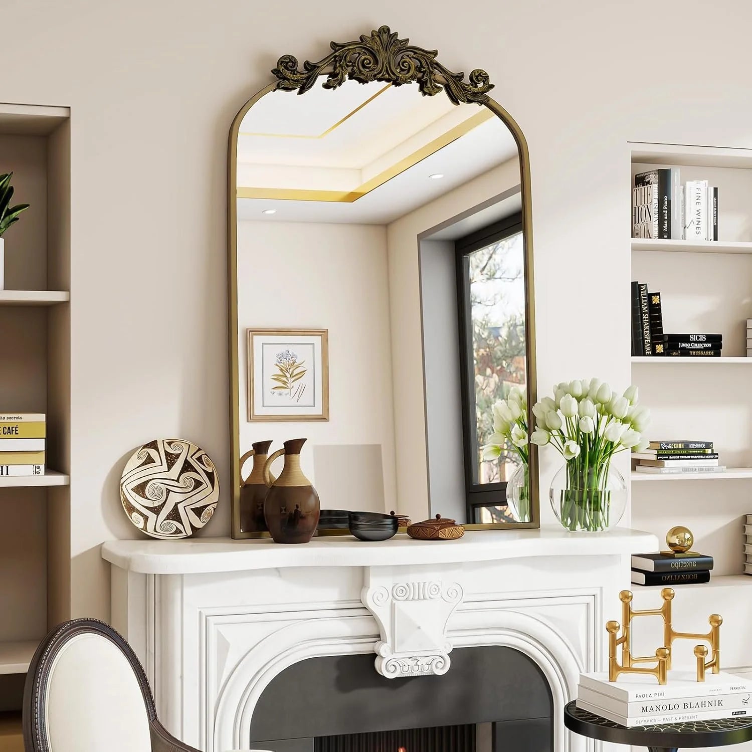 Arched Wall Mirror with Carved Metal Frame