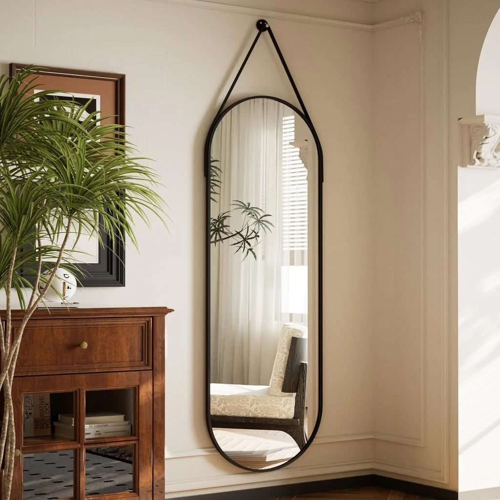 Oval Hanging Mirror with Leather Strap Full Length Mirror - 48"L x 16"W
