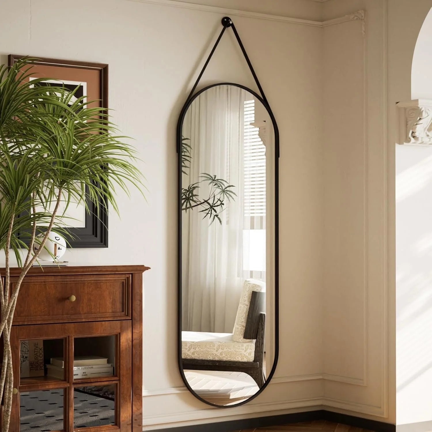 Oval Hanging Mirror with Leather Strap Full Length Mirror - 48"L x 16"W