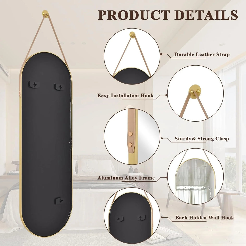 Oval Hanging Mirror with Leather Strap Full Length Mirror - 48"L x 16"W