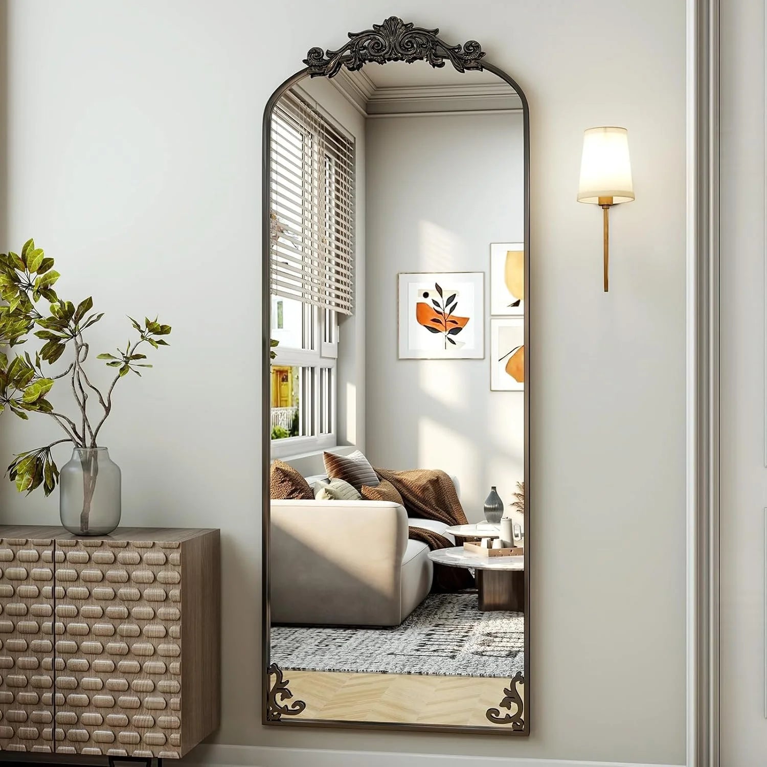 Floor Mirror with Carved Metal Frame