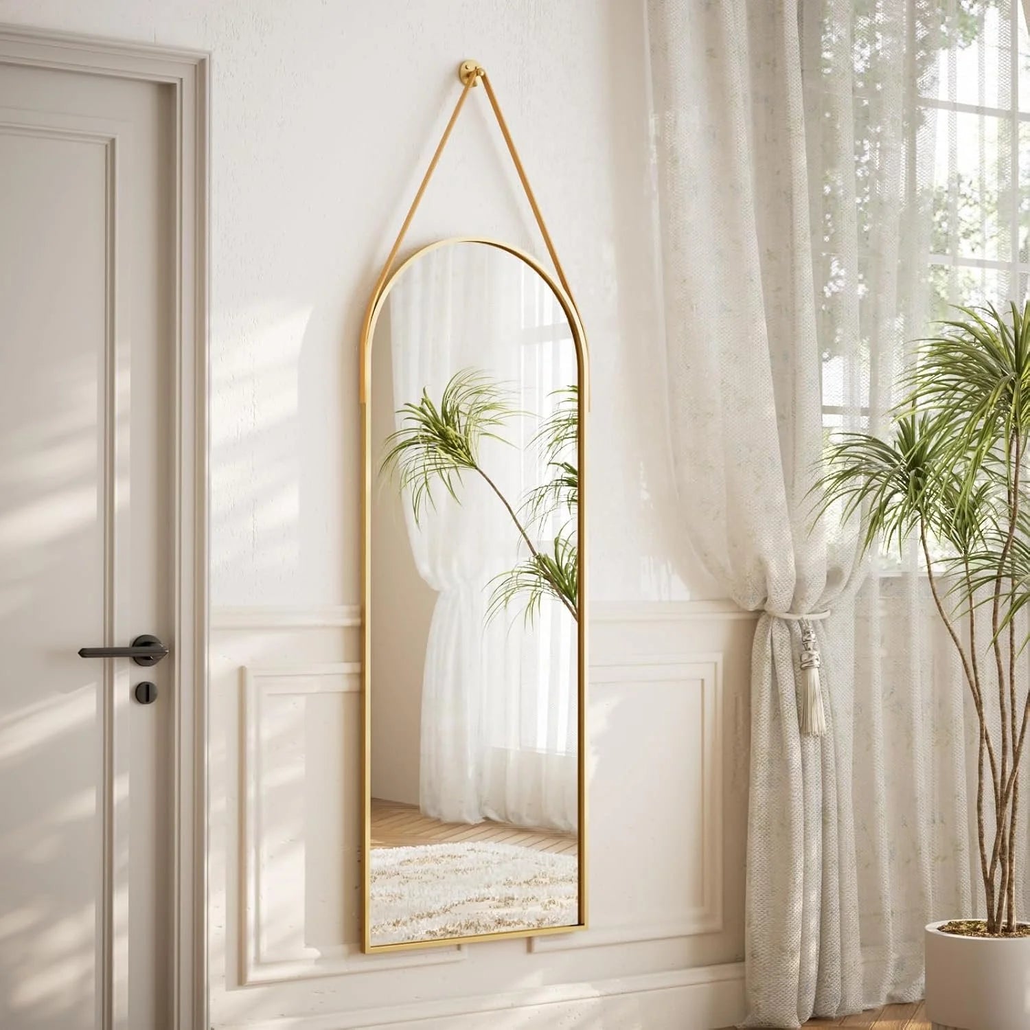 Arched Hanging Mirror with Leather Strap-48"L x 16"W