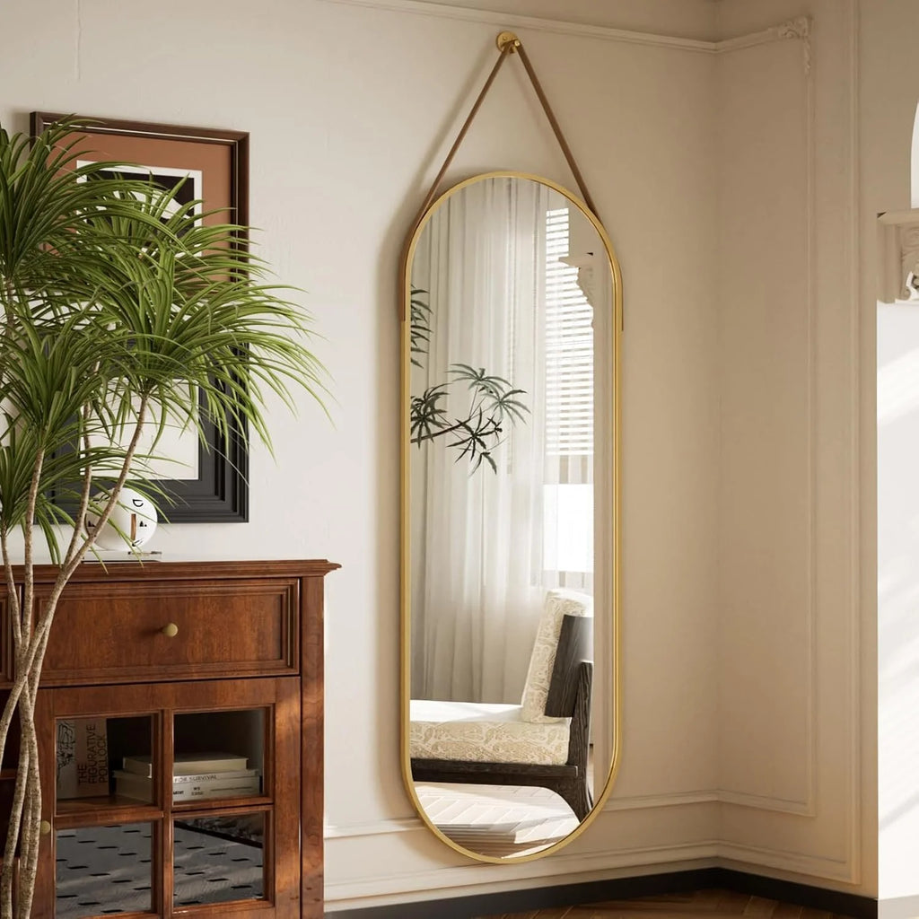 Oval Hanging Mirror with Leather Strap Full Length Mirror - 48"L x 16"W