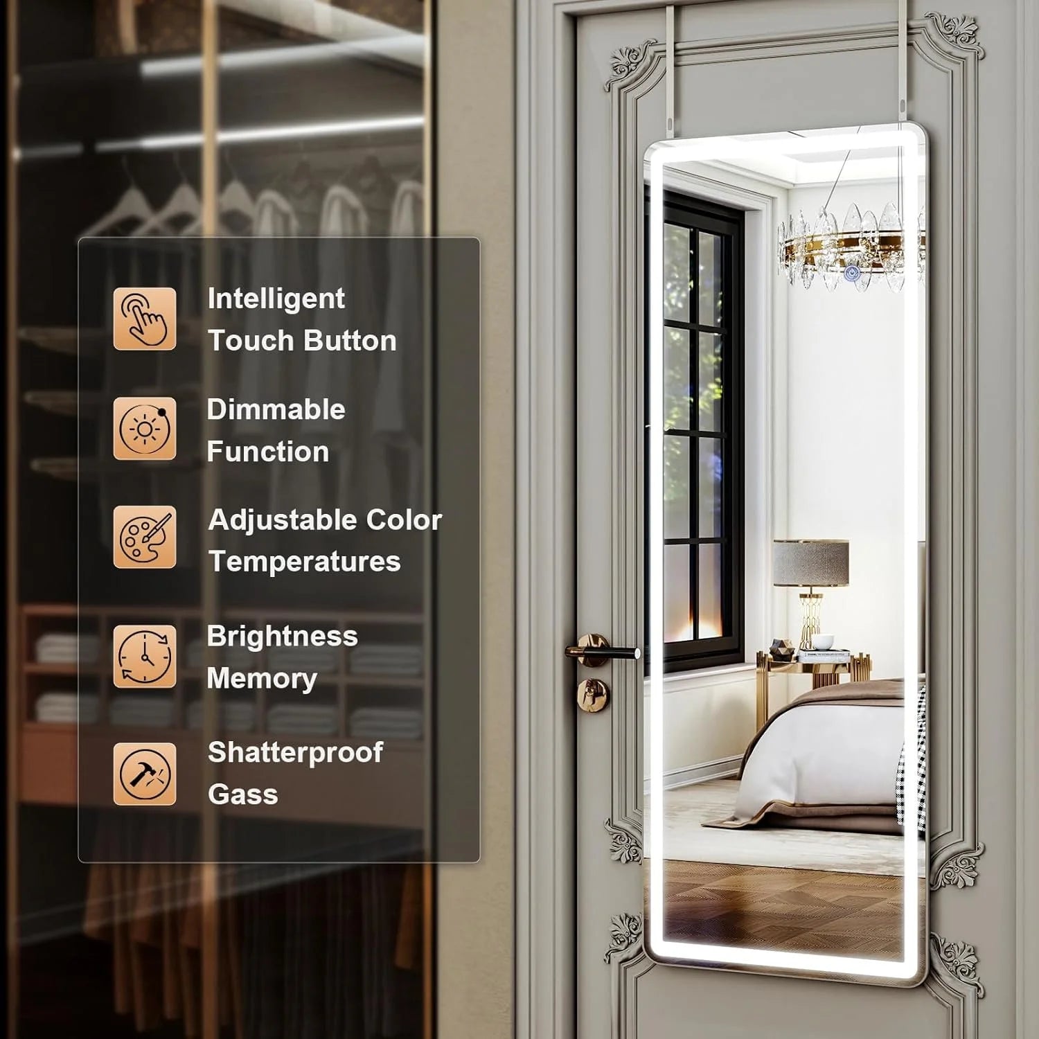 LED Door Hanging Full Length Mirror- 48"L x 16"W