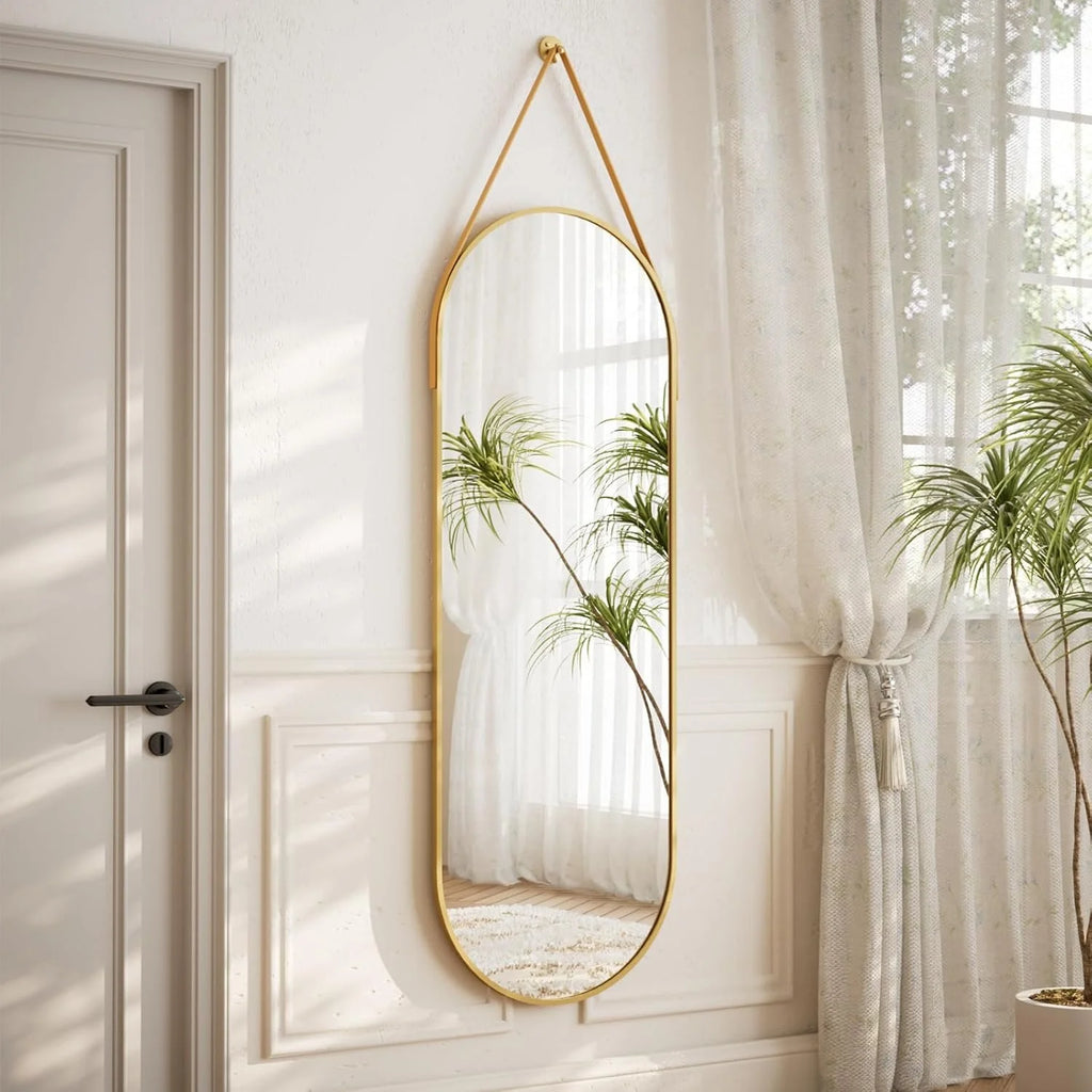 Oval Hanging Mirror with Leather Strap Full Length Mirror - 48"L x 16"W