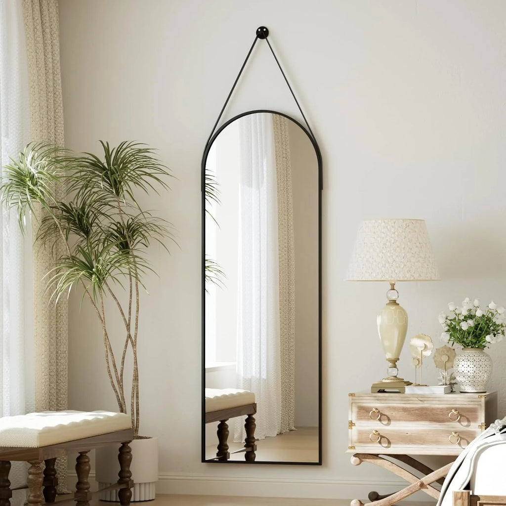 Arched Hanging Mirror with Leather Strap-48"L x 16"W
