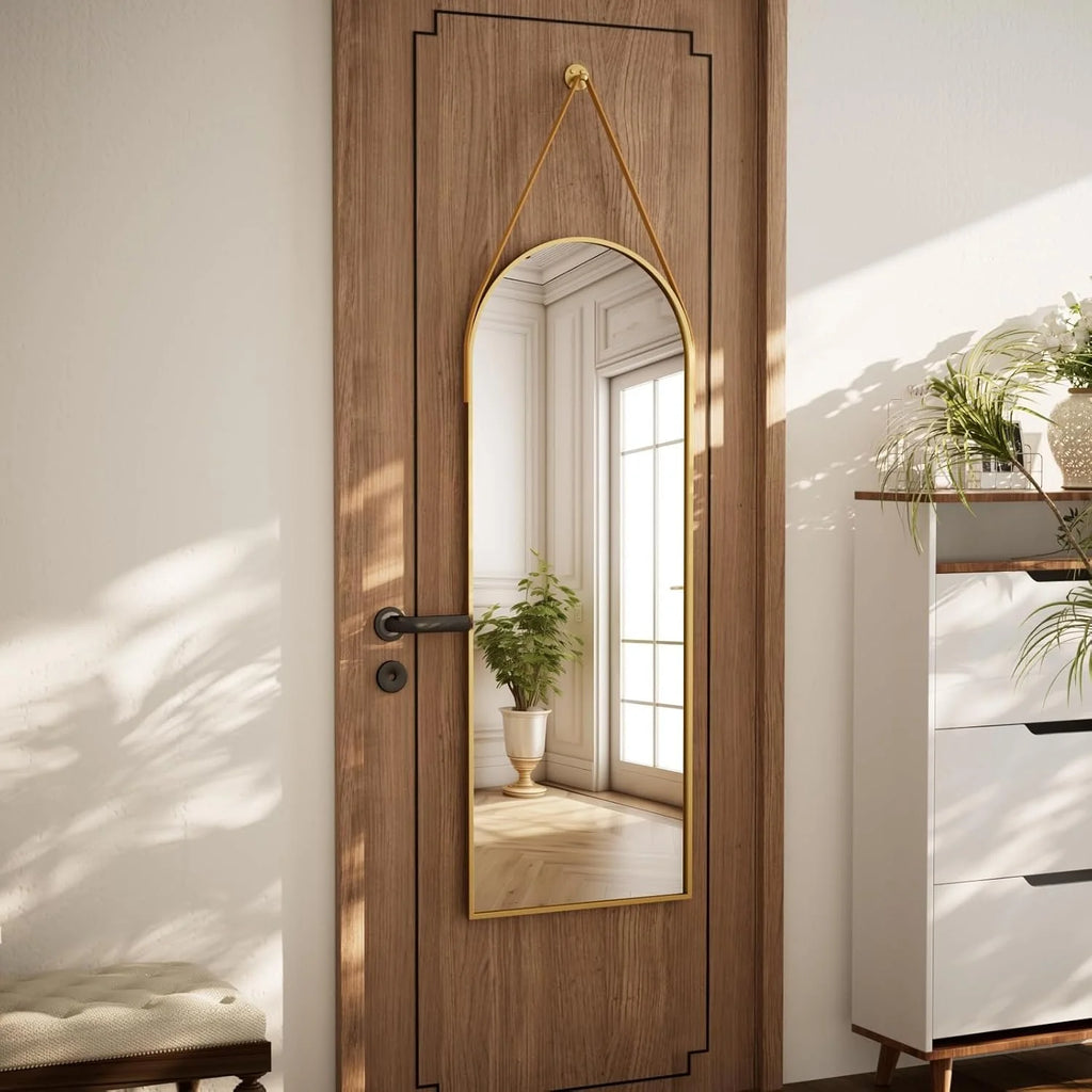 Arched Hanging Mirror with Leather Strap-48"L x 16"W