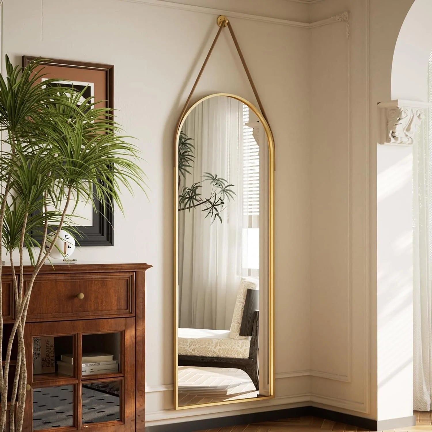 Arched Hanging Mirror with Leather Strap-48"L x 16"W