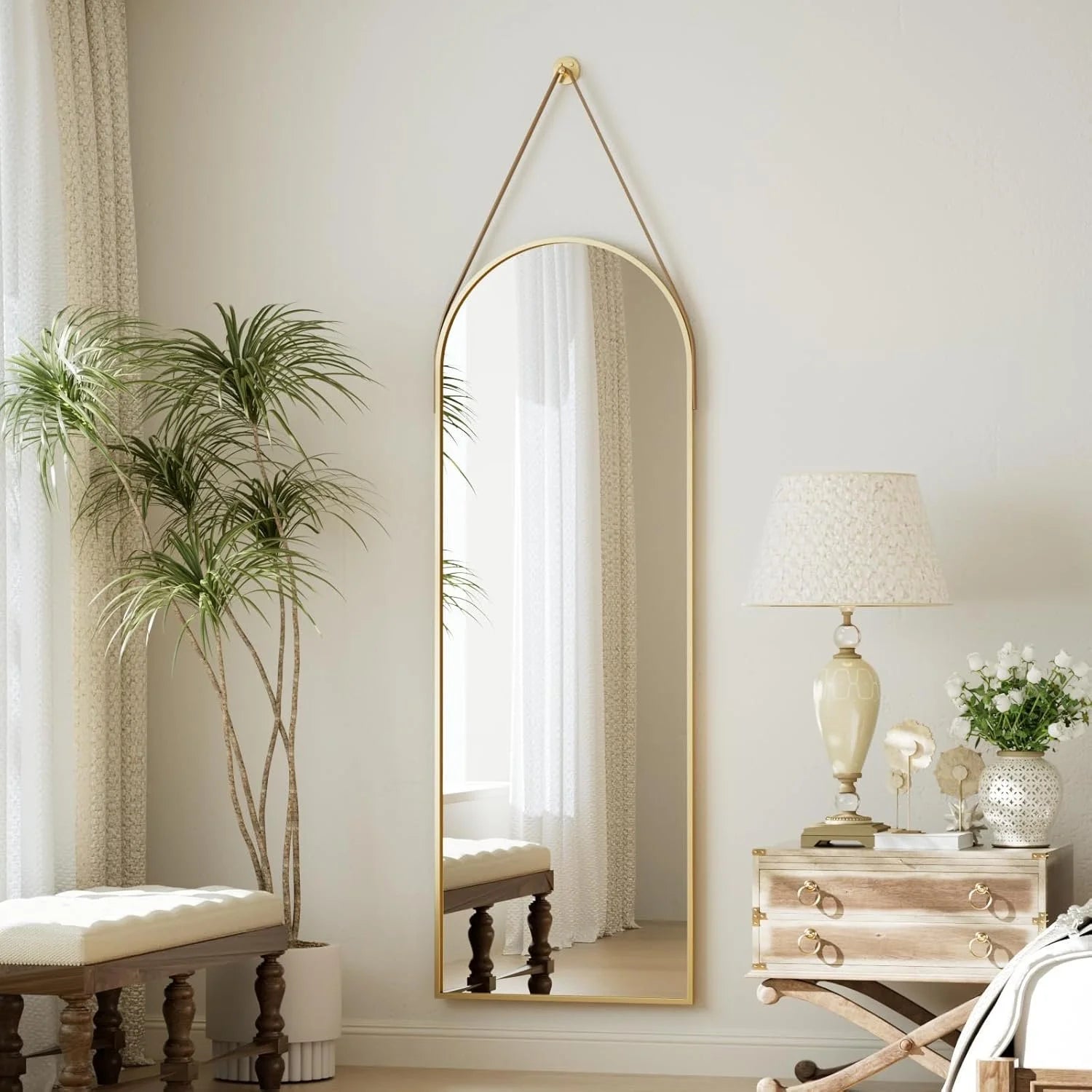 Arched Hanging Mirror with Leather Strap-48"L x 16"W