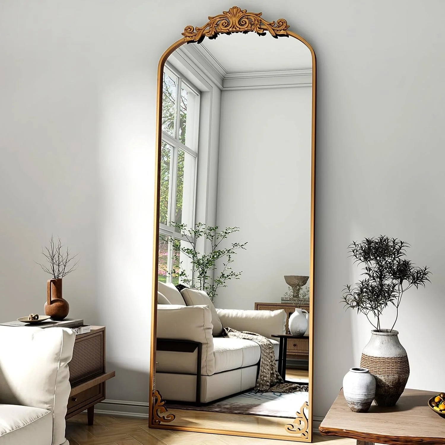 Floor Mirror with Carved Metal Frame