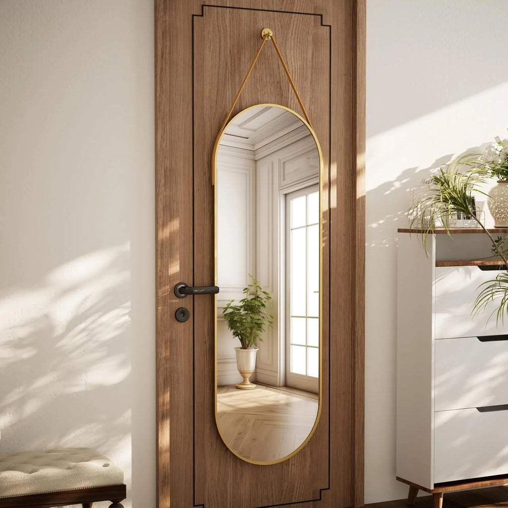 Oval Hanging Mirror with Leather Strap Full Length Mirror - 48"L x 16"W