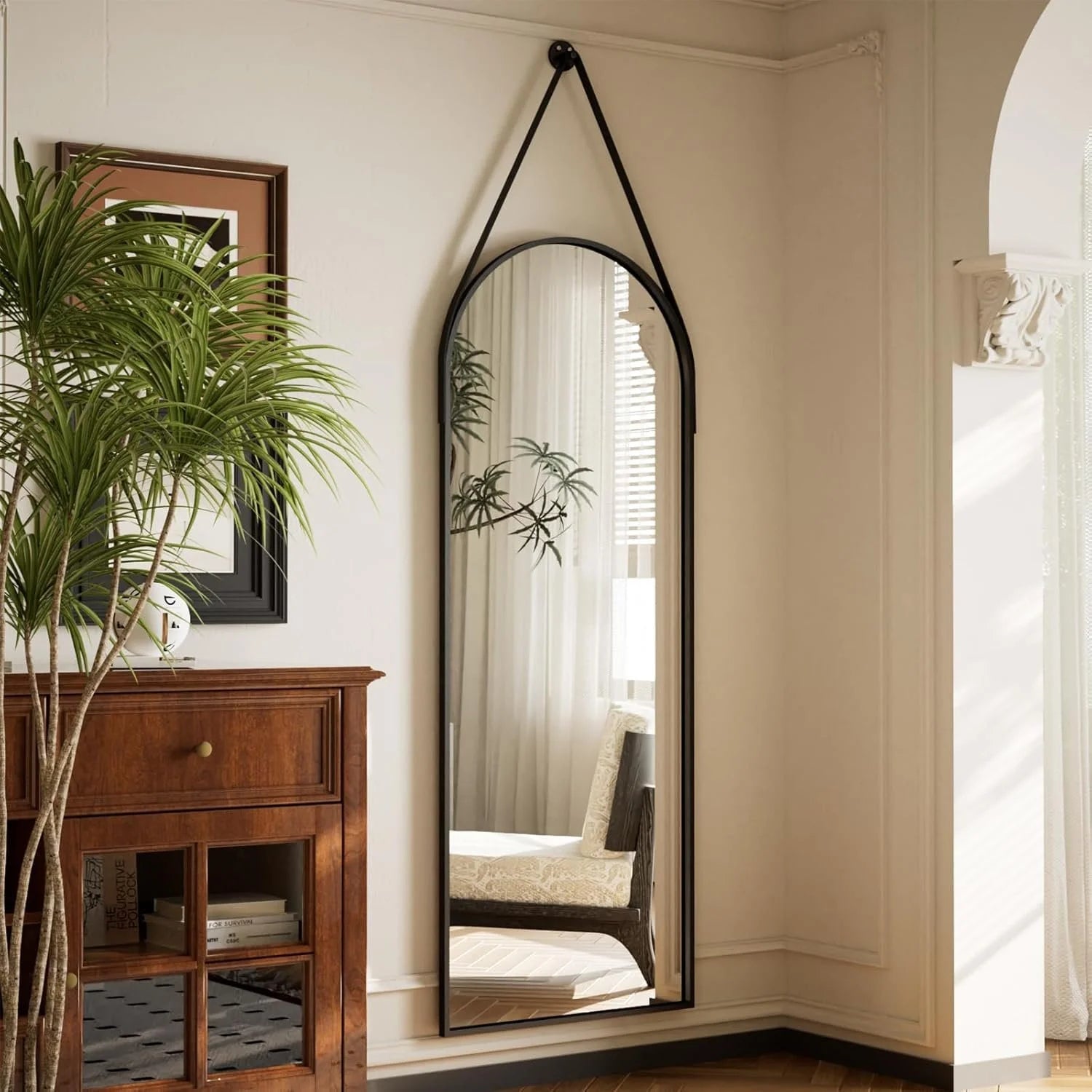 Arched Hanging Mirror with Leather Strap-48"L x 16"W