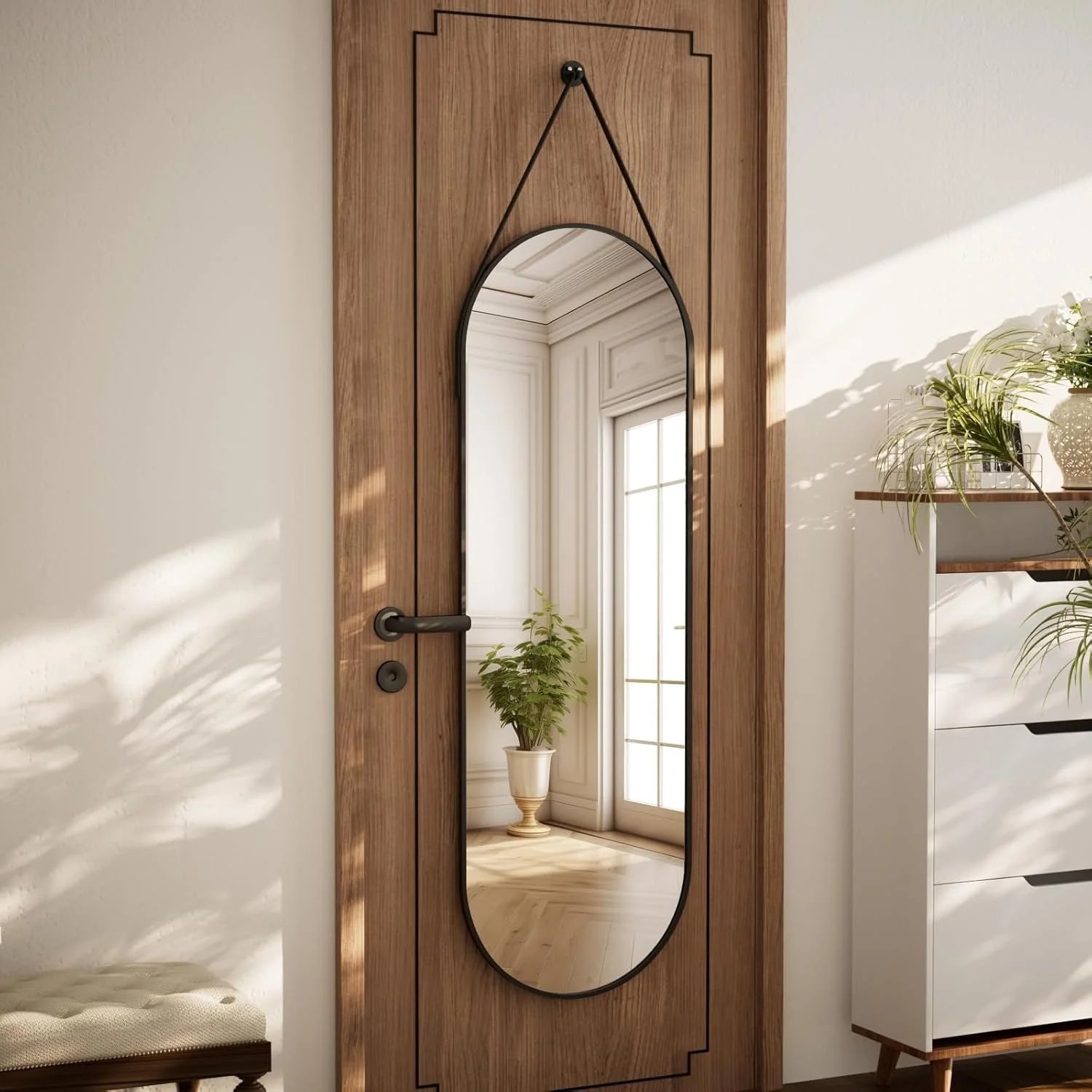 Oval Hanging Mirror with Leather Strap Full Length Mirror - 48"L x 16"W