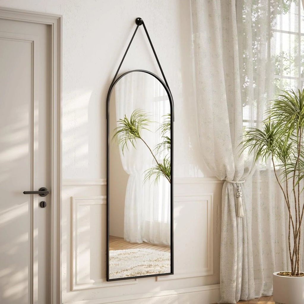 Arched Hanging Mirror with Leather Strap-48"L x 16"W