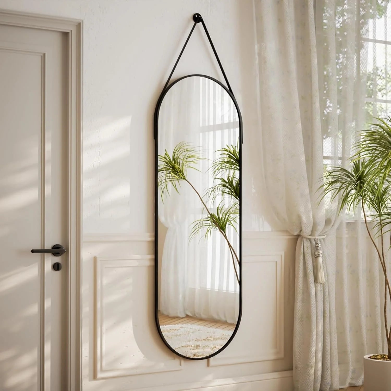 Oval Hanging Mirror with Leather Strap Full Length Mirror - 48"L x 16"W