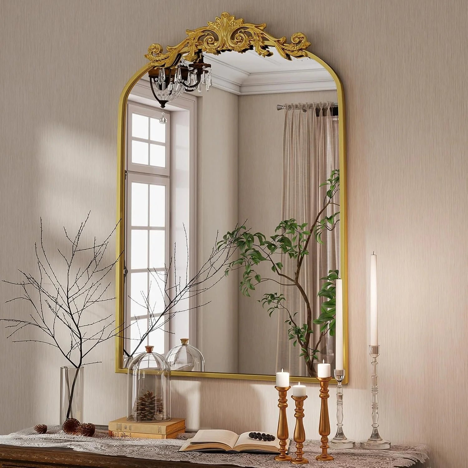 Arched Wall Mirror with Carved Metal Frame