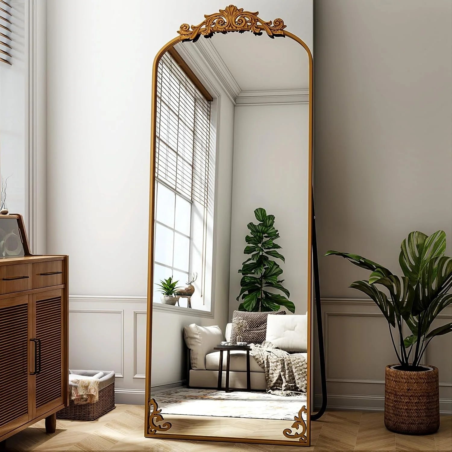Floor Mirror with Carved Metal Frame