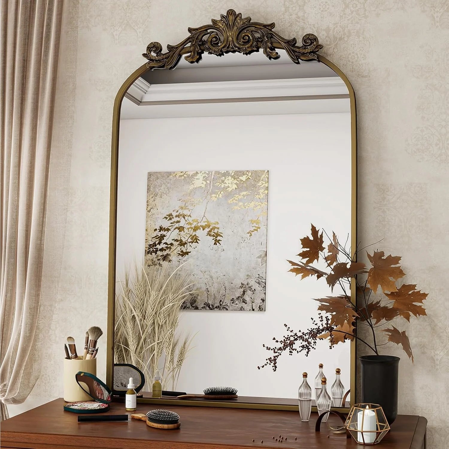 Arched Wall Mirror with Carved Metal Frame