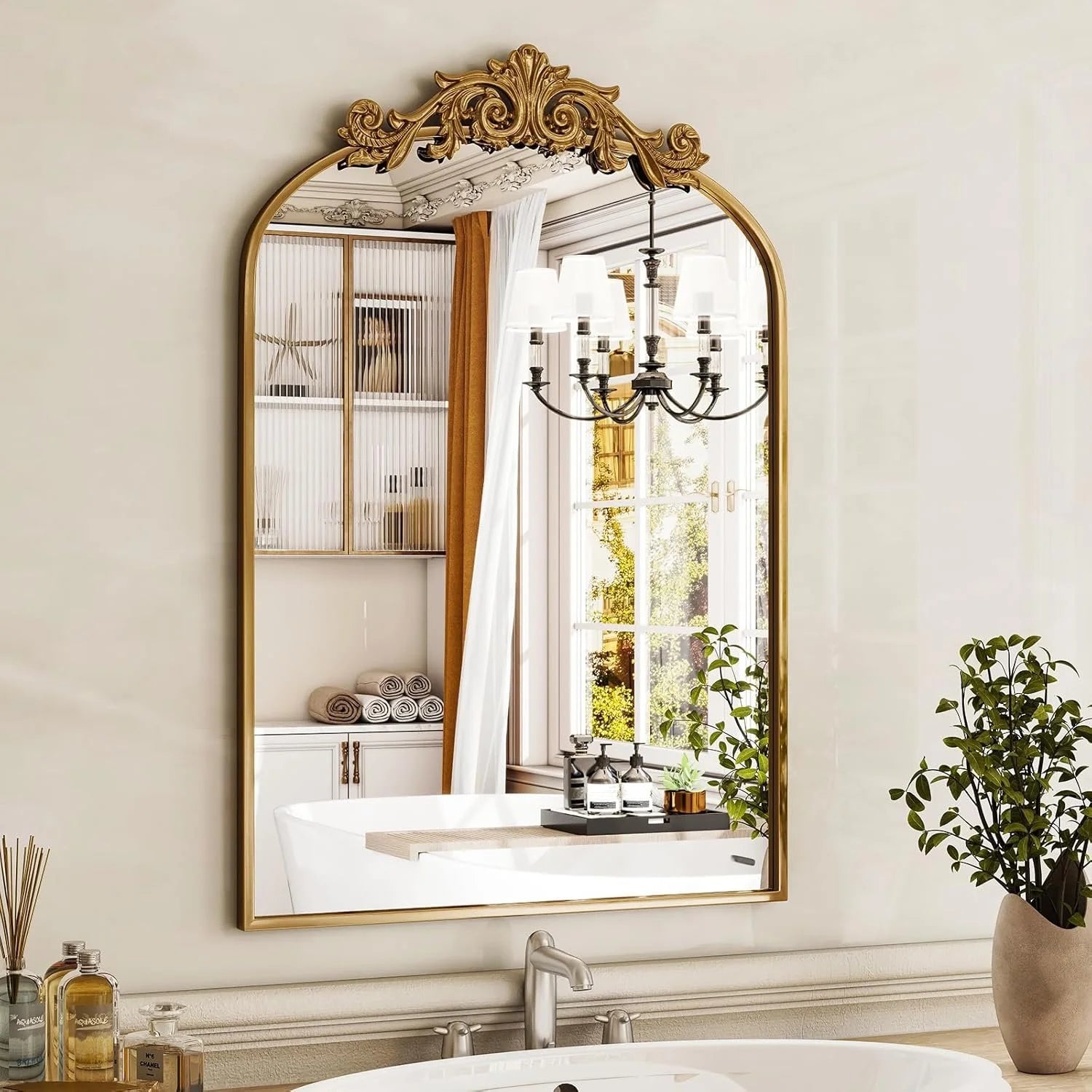 Arched Wall Mirror with Carved Metal Frame