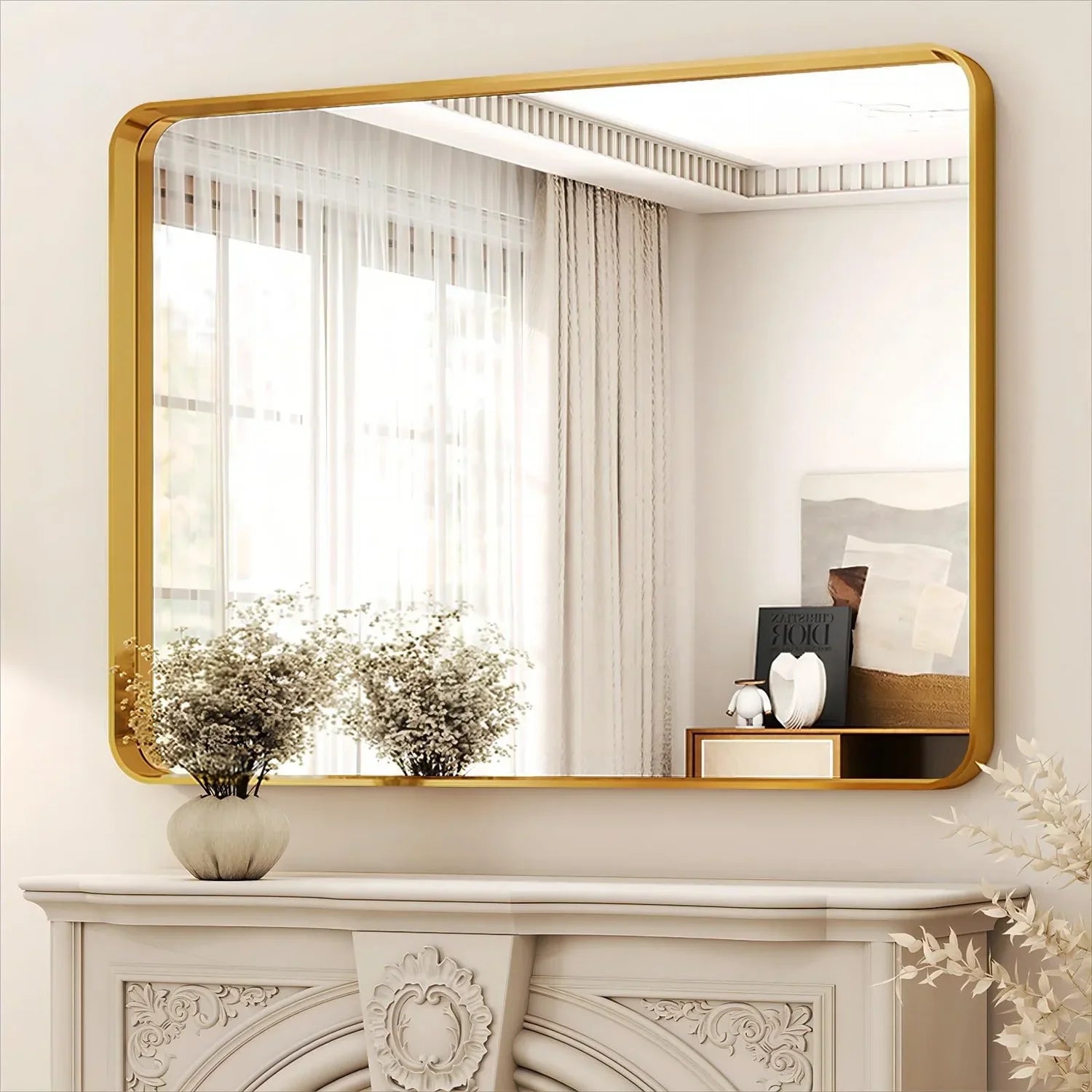 Rectangular Rounded Corners Aluminum Alloy Deep Framed Mirror Wall Mirror
