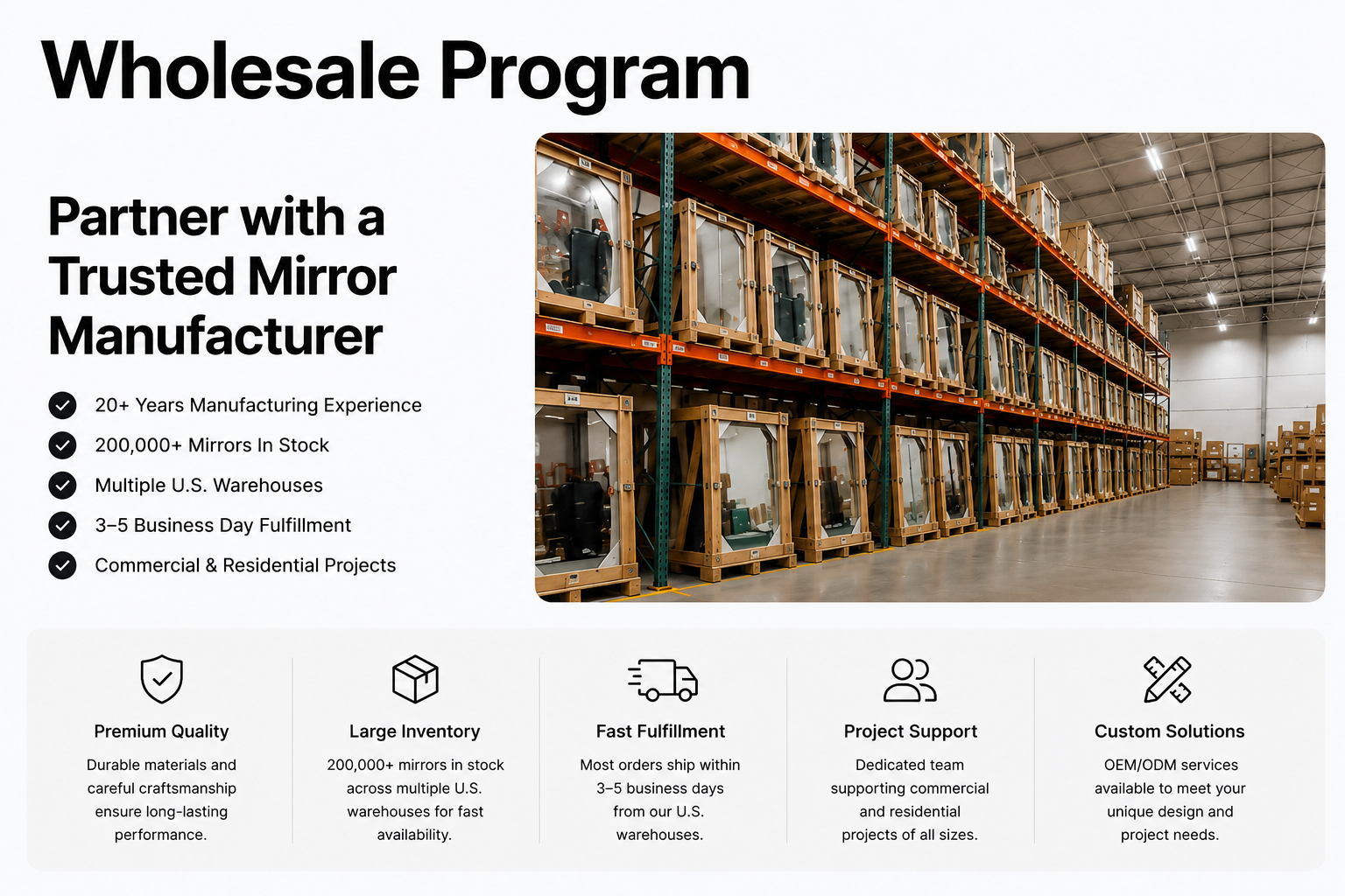 Warehouse with mirrors and text about a wholesale program for a mirror manufacturer.